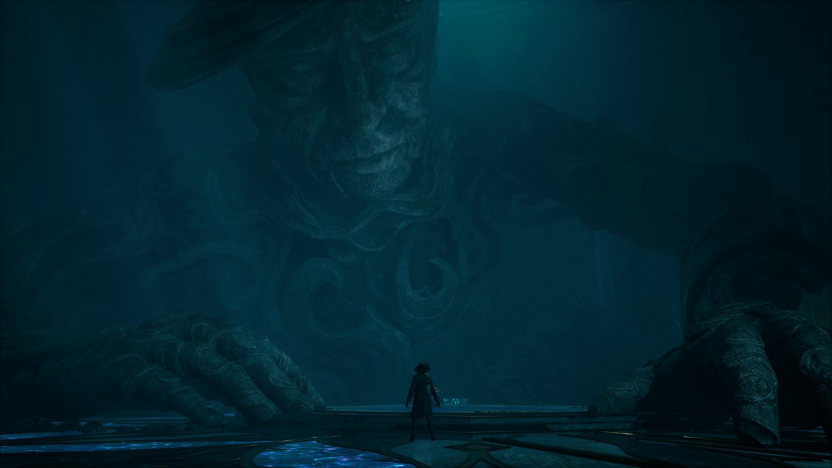 wizard explorer standing in front of statue