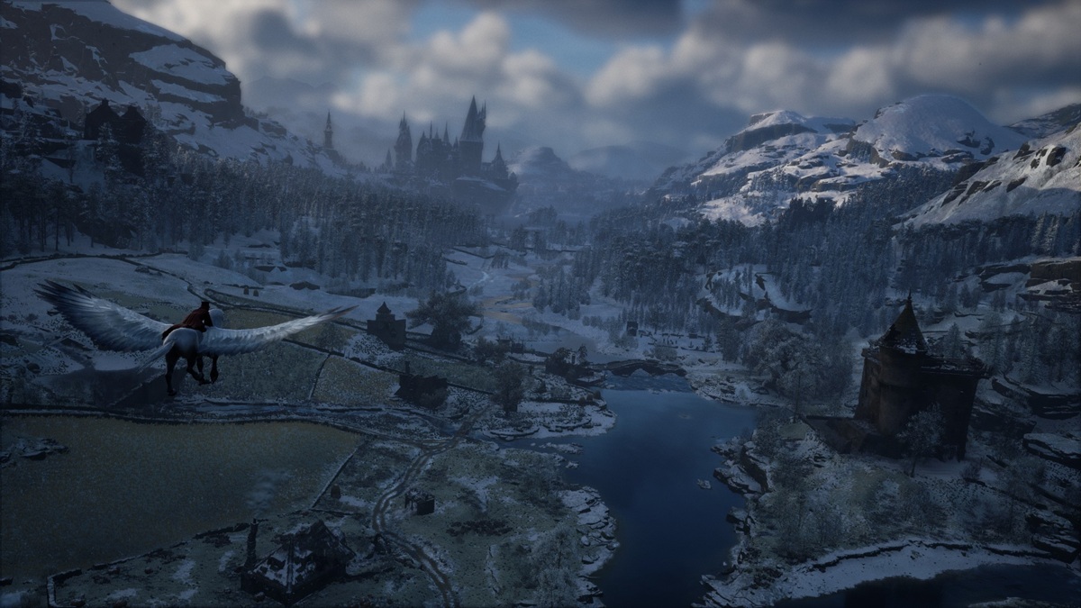 Wizard flying on the back of a Hippogriff towards Hogwarts.