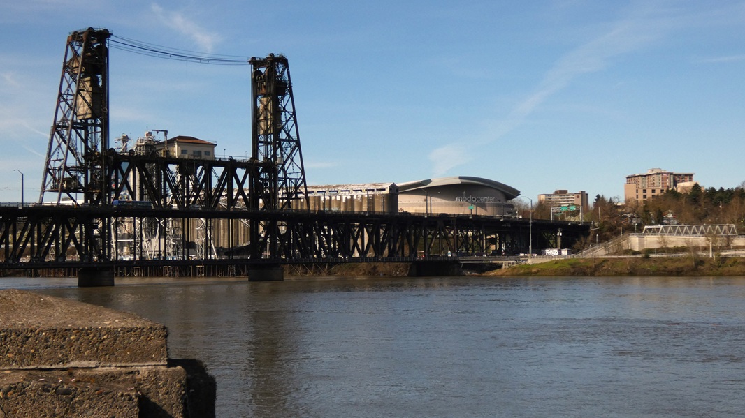 Picture of the Rose Garden (Moda Center) and Steel Bridge from the Japanese American Plaza.