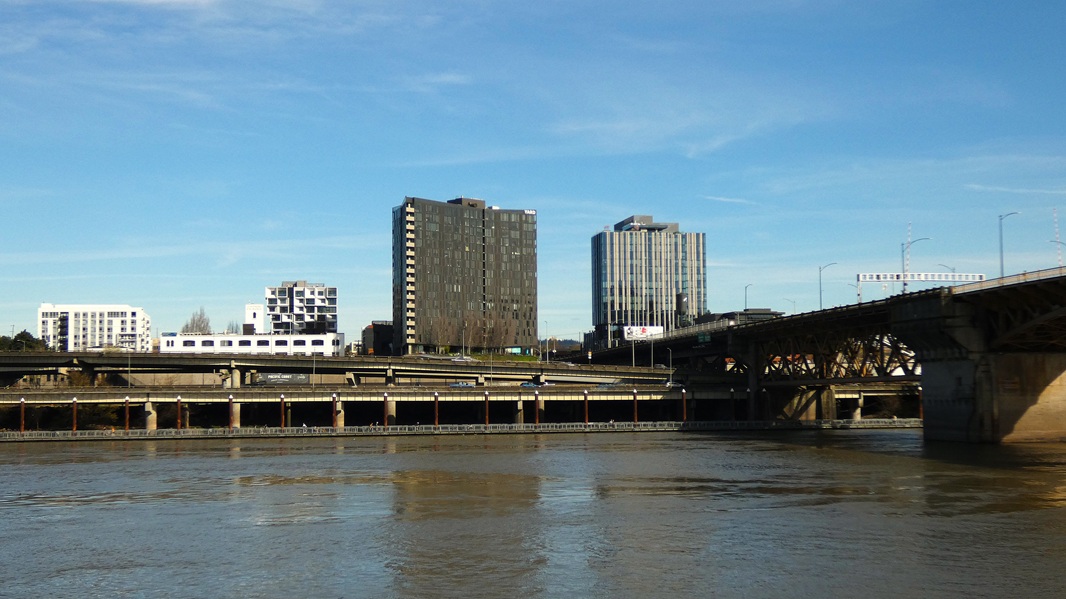 Picture of the Burnside Bridge from the Japanese American Plaza.