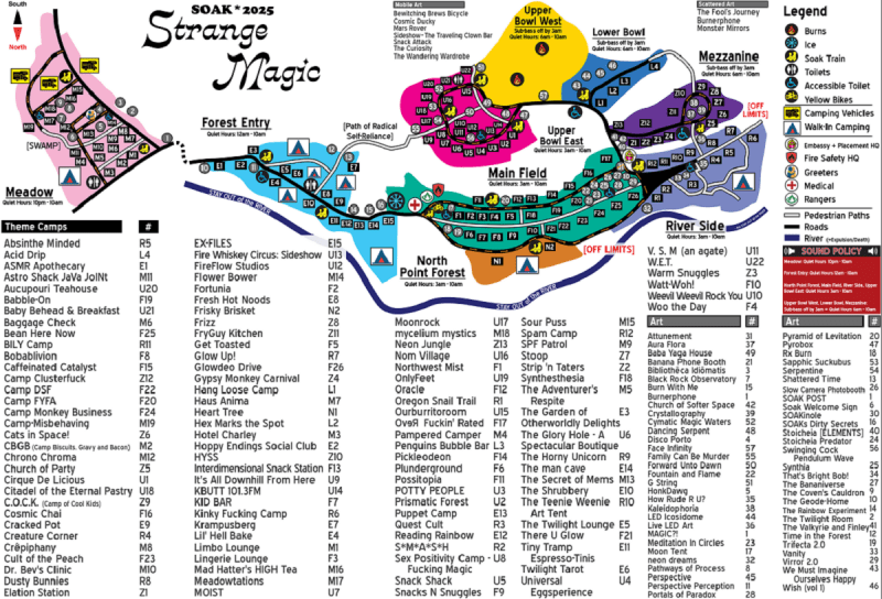 casual ramble before soak map map listing out various theme camps, pathways and community resources
