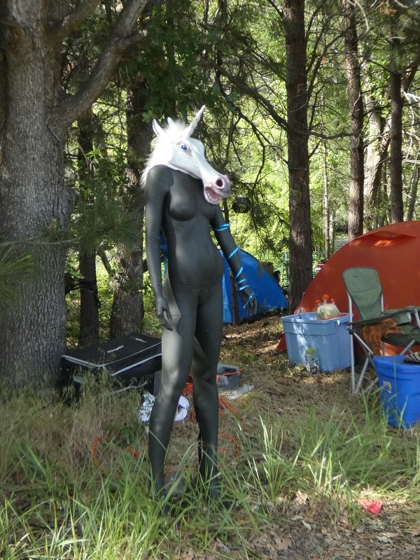 Mannequin with unicorn mask over head.