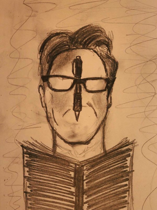 casual ramble about shit on my face body image stylized self portrait of man with journal and pencil running from brow to lip