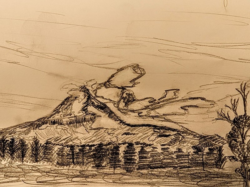 casual poetry august 2025 sketch of mount adams and clouds