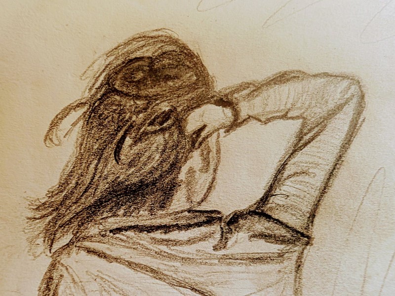 casual poetry september 2025 sketch of person holding hair and looking across crater lake