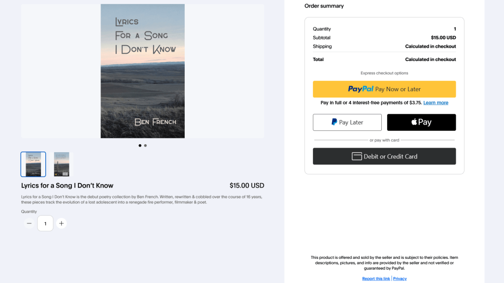 A product page for the poetry book 'Lyrics for a Song I Don't Know' by Ben French, featuring the book cover image, price of $15.00, and an order summary section with payment options.
