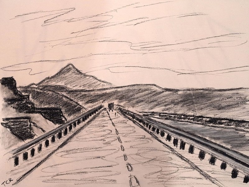 casual poetry drop body image depicting a sketch of interstate 84 westbound, mount hood rises in the distance, columbia river runs to the right