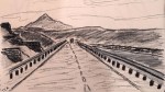 poetry drop october featured image; sketch depicting the interstate 84 westward, mount hood rises in the distance and the columbia river on the right